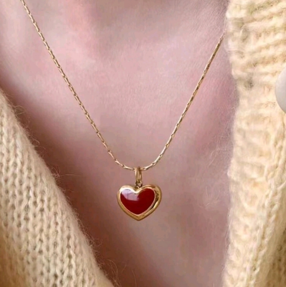 Anthropologie Gold Heart Pendant Necklace with Red Center